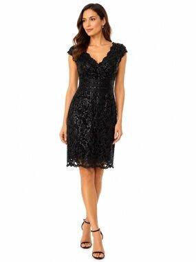 Adrianna Papell NWT Sequins Black Cap Sleeve Knee Length Little Black Dress 12